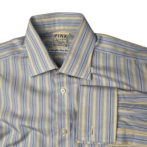Thomas Pink Mens 15/35 Dress Shirt Blue/Yellow Stripe French Cuff Superfine VNTG